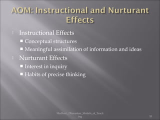    Instructional Effects
     Conceptual structures
     Meaningful assimilation of information and ideas

   Nurturant Effects
     Interest in inquiry
     Habits of precise thinking




                   Madhavi_Dharankar_Models_of_Teach
                                 ing                     10
 