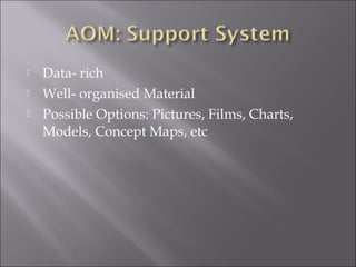    Data- rich
   Well- organised Material
   Possible Options: Pictures, Films, Charts,
    Models, Concept Maps, etc
 