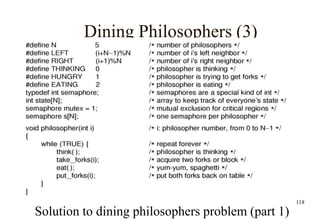 118
Dining Philosophers (3)
Solution to dining philosophers problem (part 1)
 