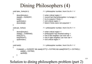 119
Dining Philosophers (4)
Solution to dining philosophers problem (part 2)
 