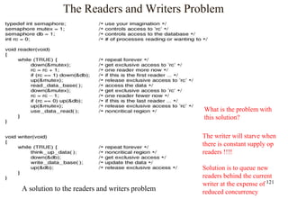121
The Readers and Writers Problem
A solution to the readers and writers problem
What is the problem with
this solution?
The writer will starve when
there is constant supply op
readers !!!!
Solution is to queue new
readers behind the current
writer at the expense of
reduced concurrency
 