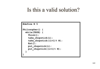 169
Is this a valid solution?
#define N 5
Philosopher() {
while(TRUE) {
Think();
take_chopstick(i);
take_chopstick((i+1)% N);
Eat();
put_chopstick(i);
put_chopstick((i+1)% N);
}
}
 
