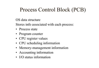 Process Control Block (PCB)
OS data structure
Stores info associated with each process:
• Process state
• Program counter
• CPU register values
• CPU scheduling information
• Memory-management information
• Accounting information
• I/O status information
 