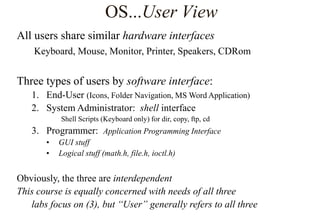 OS...User View
All users share similar hardware interfaces
Keyboard, Mouse, Monitor, Printer, Speakers, CDRom
Three types of users by software interface:
1. End-User (Icons, Folder Navigation, MS Word Application)
2. System Administrator: shell interface
Shell Scripts (Keyboard only) for dir, copy, ftp, cd
3. Programmer: Application Programming Interface
• GUI stuff
• Logical stuff (math.h, file.h, ioctl.h)
Obviously, the three are interdependent
This course is equally concerned with needs of all three
labs focus on (3), but “User” generally refers to all three
 