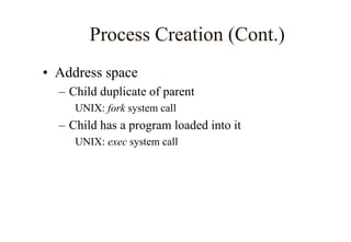 Process Creation (Cont.)
• Address space
– Child duplicate of parent
UNIX: fork system call
– Child has a program loaded into it
UNIX: exec system call
 
