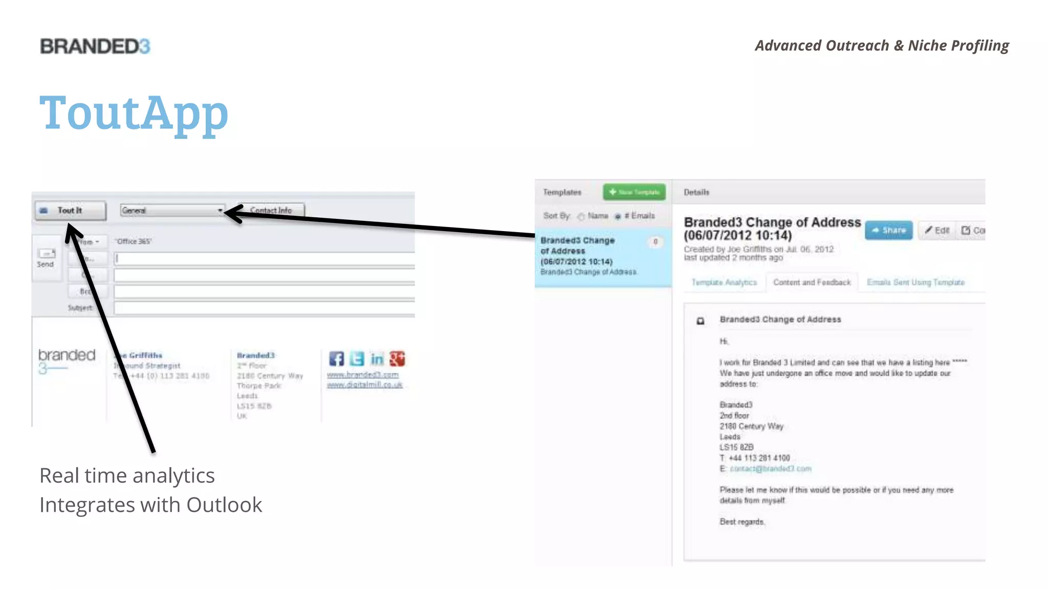 Advanced Outreach & Niche Profiling




ToutApp




Real time analytics
Integrates with Outlook
 