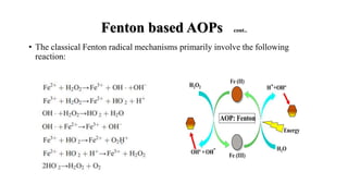 • The classical Fenton radical mechanisms primarily involve the following
reaction:
Fenton based AOPs cont..
 