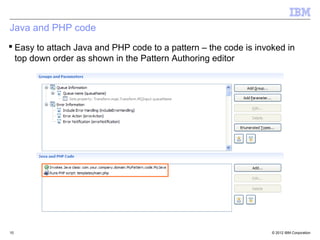 Java and PHP code
 Easy to attach Java and PHP code to a pattern – the code is invoked in
  top down order as shown in the Pattern Authoring editor




10                                                                © 2012 IBM Corporation
 