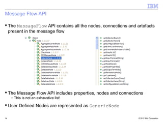 Message Flow API

 The MessageFlow API contains all the nodes, connections and artefacts
  present in the message flow




 The Message Flow API includes properties, nodes and connections
     – This is not an exhaustive list!

 User Defined Nodes are represented as GenericNode

14                                                             © 2012 IBM Corporation
 