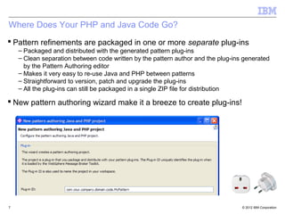 Where Does Your PHP and Java Code Go?
 Pattern refinements are packaged in one or more separate plug-ins
    – Packaged and distributed with the generated pattern plug-ins
    – Clean separation between code written by the pattern author and the plug-ins generated
      by the Pattern Authoring editor
    – Makes it very easy to re-use Java and PHP between patterns
    – Straightforward to version, patch and upgrade the plug-ins
    – All the plug-ins can still be packaged in a single ZIP file for distribution

 New pattern authoring wizard make it a breeze to create plug-ins!




7                                                                                 © 2012 IBM Corporation
 