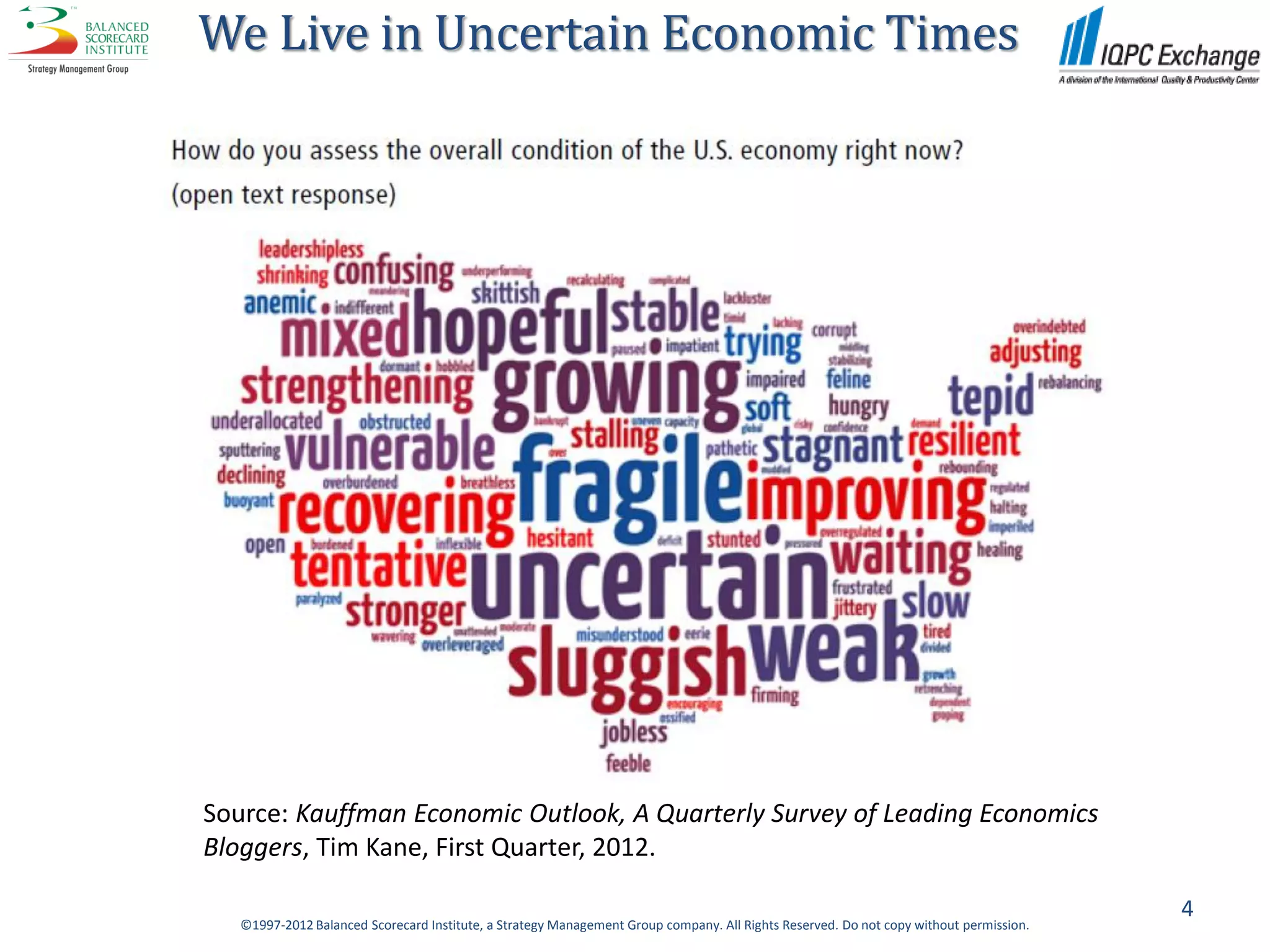 We Live in Uncertain Economic Times




Source: Kauffman Economic Outlook, A Quarterly Survey of Leading Economics
Bloggers, Tim Kane, First Quarter, 2012.

                                                                                                                                        4
   ©1997-2012 Balanced Scorecard Institute, a Strategy Management Group company. All Rights Reserved. Do not copy without permission.
 