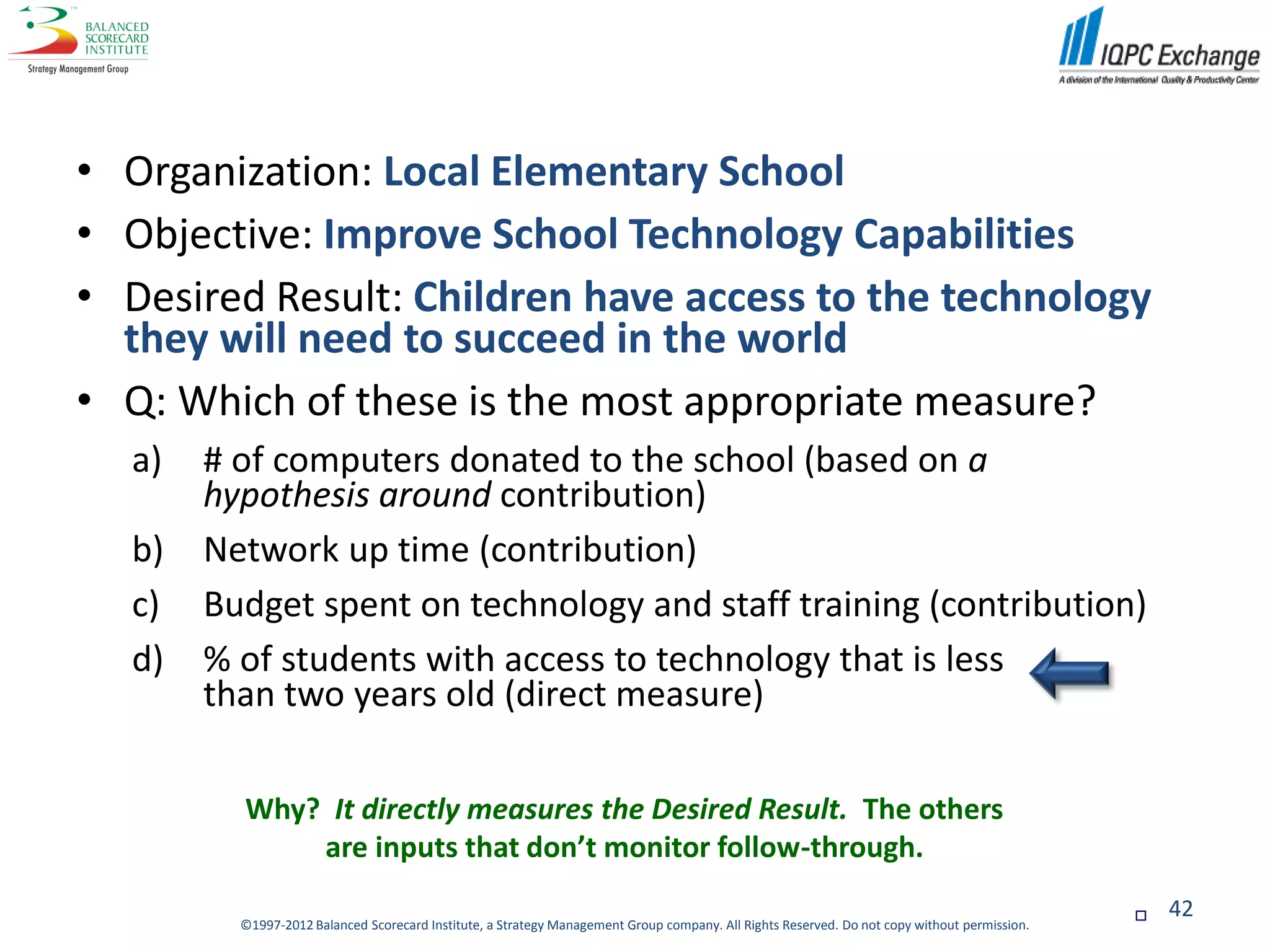 • Organization: Local Elementary School
• Objective: Improve School Technology Capabilities
• Desired Result: Children have access to the technology
  they will need to succeed in the world
• Q: Which of these is the most appropriate measure?
  a)   # of computers donated to the school (based on a
       hypothesis around contribution)
  b)   Network up time (contribution)
  c)   Budget spent on technology and staff training (contribution)
  d)   % of students with access to technology that is less
       than two years old (direct measure)

         Why? It directly measures the Desired Result. The others
             are inputs that don’t monitor follow-through.

                                                                                                                                                 42
         ©1997-2012 Balanced Scorecard Institute, a Strategy Management Group company. All Rights Reserved. Do not copy without permission.
 