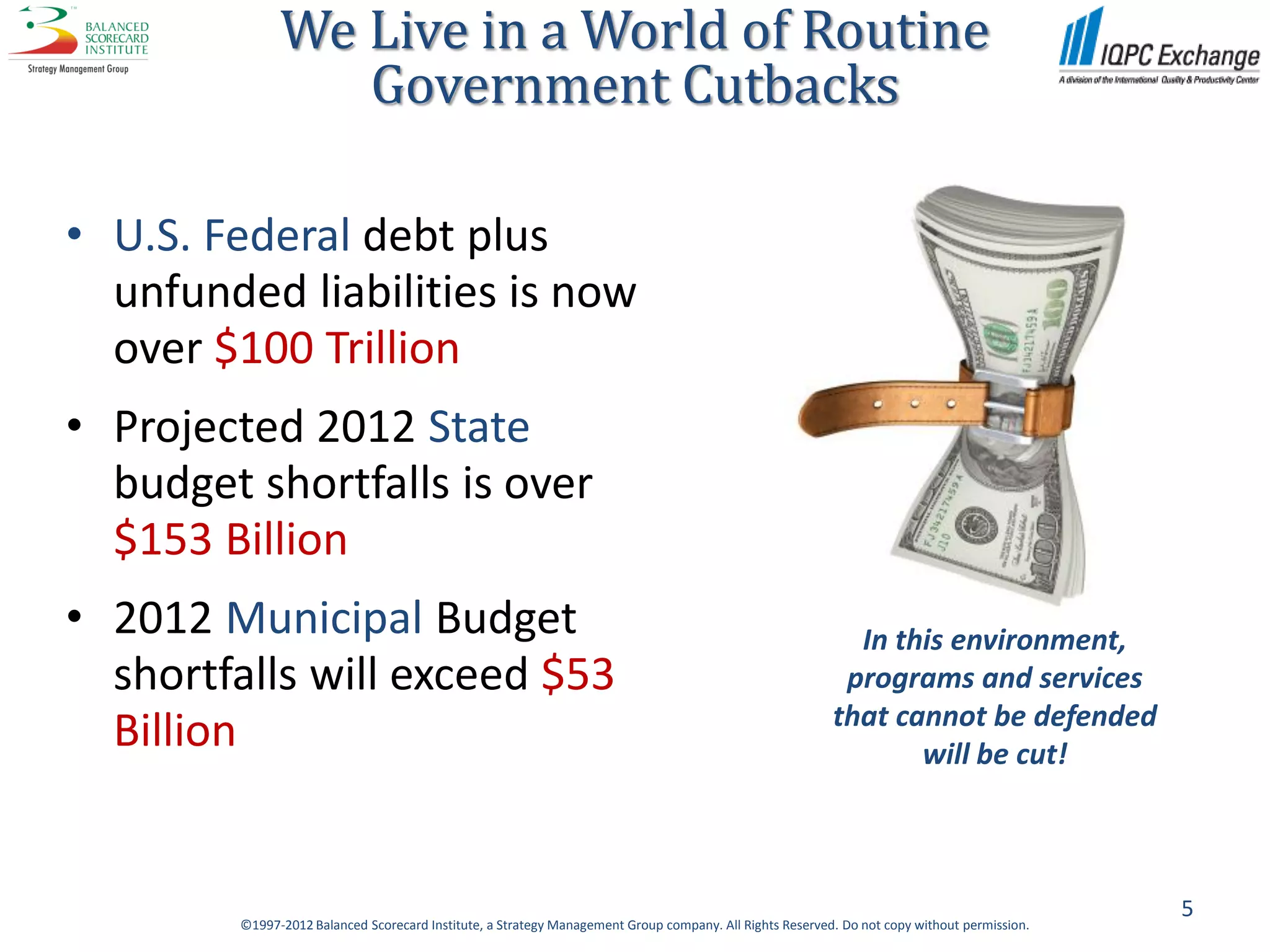 We Live in a World of Routine
                 Government Cutbacks

• U.S. Federal debt plus
  unfunded liabilities is now
  over $100 Trillion
• Projected 2012 State
  budget shortfalls is over
  $153 Billion
• 2012 Municipal Budget                                                                                    In this environment,
  shortfalls will exceed $53                                                                              programs and services
                                                                                                         that cannot be defended
  Billion                                                                                                       will be cut!



                                                                                                                                             5
        ©1997-2012 Balanced Scorecard Institute, a Strategy Management Group company. All Rights Reserved. Do not copy without permission.
 