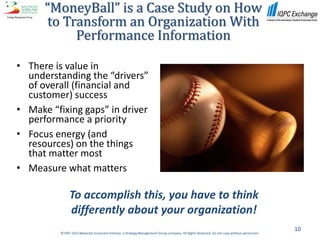 “MoneyBall” is a Case Study on How
      to Transform an Organization With
           Performance Information

• There is value in
  understanding the “drivers”
  of overall (financial and
  customer) success
• Make “fixing gaps” in driver
  performance a priority
• Focus energy (and
  resources) on the things
  that matter most
• Measure what matters

               To accomplish this, you have to think
               differently about your organization!
                                                                                                                                               10
          ©1997-2012 Balanced Scorecard Institute, a Strategy Management Group company. All Rights Reserved. Do not copy without permission.
 