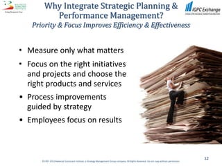 Why Integrate Strategic Planning &
          Performance Management?
   Priority & Focus Improves Efficiency & Effectiveness


• Measure only what matters
• Focus on the right initiatives
  and projects and choose the
  right products and services
• Process improvements
  guided by strategy
• Employees focus on results



                                                                                                                                           12
      ©1997-2012 Balanced Scorecard Institute, a Strategy Management Group company. All Rights Reserved. Do not copy without permission.
 