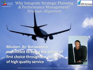 Why Integrate Strategic Planning
      & Performance Management?
           Strategic Alignment




Mission: Air Botswana is
committed to being the airline of
first choice through the delivery
of high quality service
                                                                                                                                           14
      ©1997-2012 Balanced Scorecard Institute, a Strategy Management Group company. All Rights Reserved. Do not copy without permission.
 