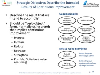 Strategic Objectives Describe the Intended
            Results of Continuous Improvement
                                                                                              Good Examples:
• Describe the result that we
  intend to accomplish                                                                                 Increase
                                                                                                      Economic                             Reduce Waste
• Should be “verb-object”                                                                            Abundance

  form, normally using a verb                                                                       Improve                               Improve Access
  that implies continuous                                                                        Product Quality                            to Services
  improvement:
   –   Improve                                                                                    Improve Brand                                  Improve
                                                                                                                                                Customer
                                                                                                    Awareness                                  Satisfaction
   –   Increase
   –   Reduce
                                                                                              Not-So-Good Examples:
   –   Decrease
                                                                                                                                        Better: Improve
   –   Strengthen                                                                                     Train All
                                                                                                     Employees                          Knowledge & Skills

   –   Possible: Optimize (can be                                                                                                       Better: Improve
       confusing)                                                                                     Write a                           understanding of our
                                                                                                   Strategic Plan                       strategic direction


                                                                                                                                                             21
          ©1997-2012 Balanced Scorecard Institute, a Strategy Management Group company. All Rights Reserved. Do not copy without permission.
 