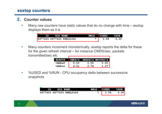 6
esxtop counters
2. Counter values
• Many raw counters have static values that do no change with time – esxtop
displays them as it is
• Many counters increment monotonically, esxtop reports the delta for these
for the given refresh interval – for instance CMDS/sec, packets
transmitted/sec etc
• %USED and %RUN - CPU occupancy delta between successive
snapshots
 