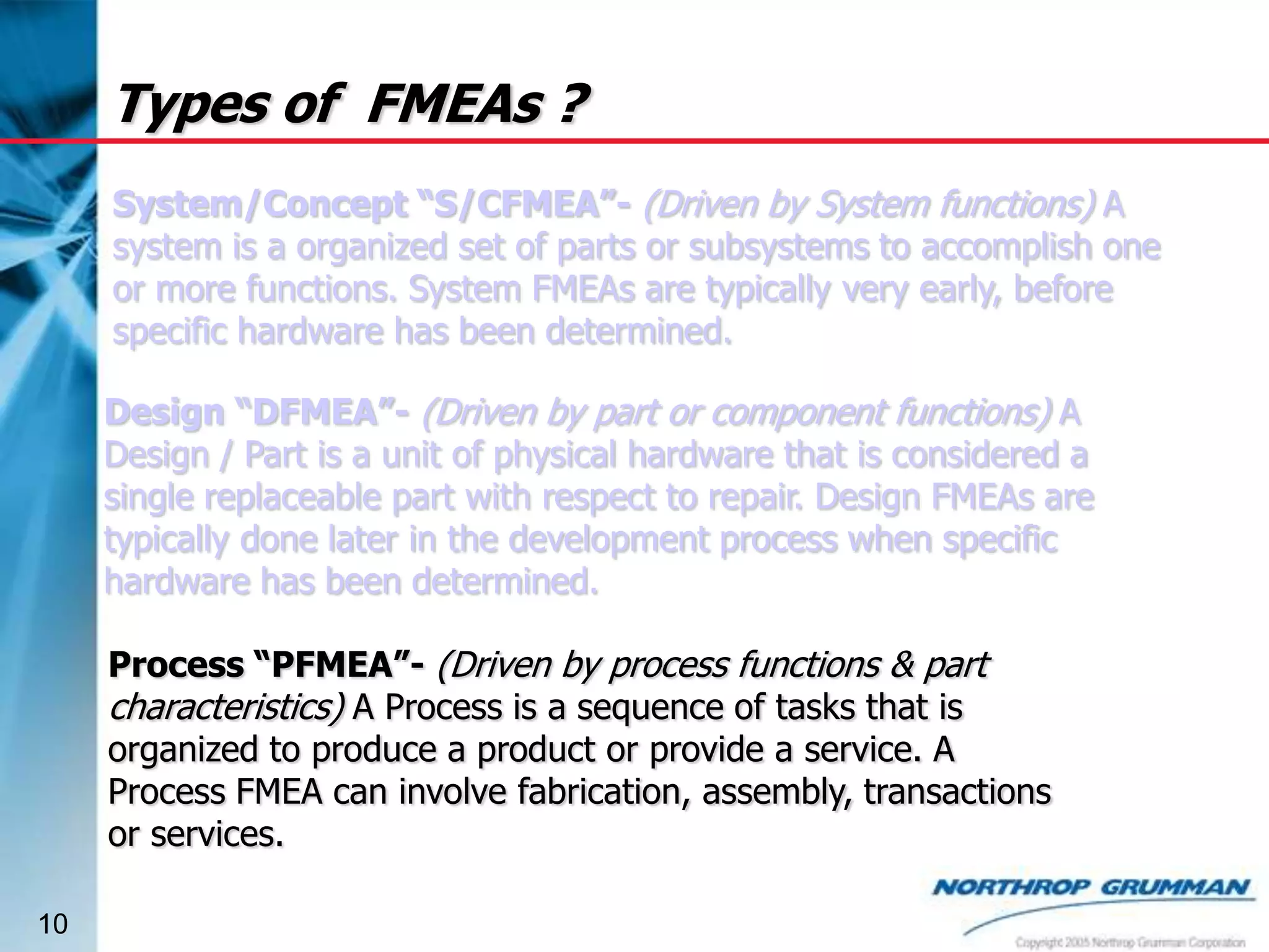 Types of FMEAs ?
System/Concept “S/CFMEA”- (Driven by System functions) A
system is a organized set of parts or subsystems to accomplish one
or more functions. System FMEAs are typically very early, before
specific hardware has been determined.
Design “DFMEA”- (Driven by part or component functions) A
Design / Part is a unit of physical hardware that is considered a
single replaceable part with respect to repair. Design FMEAs are
typically done later in the development process when specific
hardware has been determined.

Process “PFMEA”- (Driven by process functions & part
characteristics) A Process is a sequence of tasks that is
organized to produce a product or provide a service. A
Process FMEA can involve fabrication, assembly, transactions
or services.
10

 