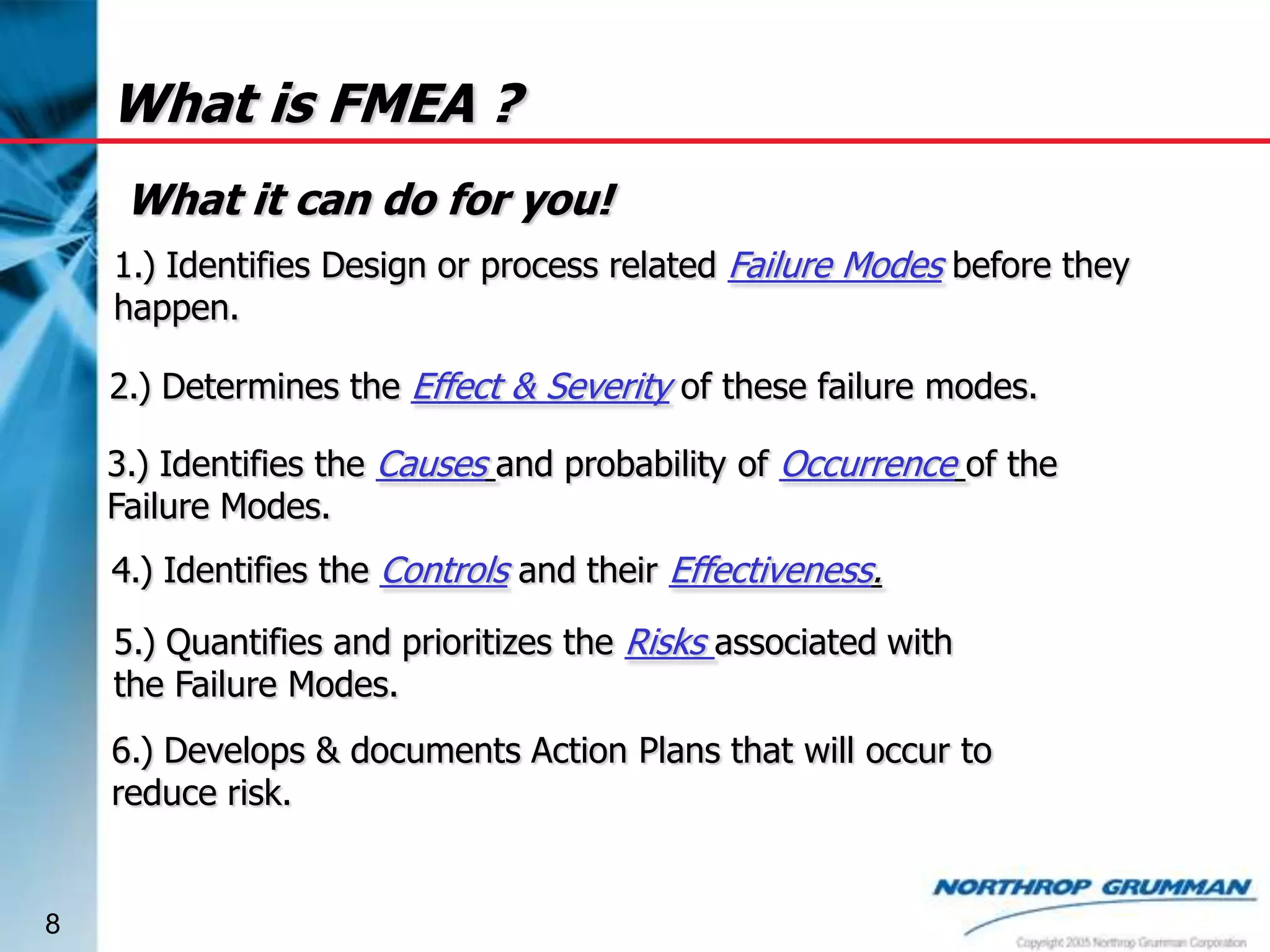 What is FMEA ?
What it can do for you!
1.) Identifies Design or process related Failure Modes before they
happen.
2.) Determines the Effect & Severity of these failure modes.
3.) Identifies the Causes and probability of Occurrence of the
Failure Modes.
4.) Identifies the Controls and their Effectiveness.
5.) Quantifies and prioritizes the Risks associated with
the Failure Modes.
6.) Develops & documents Action Plans that will occur to
reduce risk.

8

 