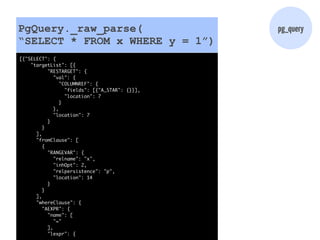 PgQuery._raw_parse( pg_query 
“SELECT * FROM x WHERE y = 1”) 
[{"SELECT": { 
"targetList": [{ 
"RESTARGET": { 
"val": { 
"...