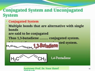 Conjugated System and Unconjugated
System
 Conjugated System
 Multiple bonds that are alternative with single
bonds
are said to be conjugated
 Thus 1,3-butadiene ……… conjugated system.
 1,4- pentadiene …… non conjugated system.
Assistant Prof. Dr. Noor Hatef 19
 