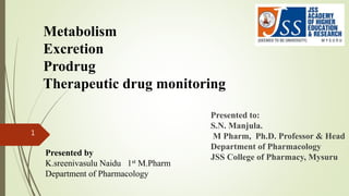 Metabolism
Excretion
Prodrug
Therapeutic drug monitoring
Presented by
K.sreenivasulu Naidu 1st M.Pharm
Department of Pharmacology
1
Presented to:
S.N. Manjula.
M Pharm, Ph.D. Professor & Head
Department of Pharmacology
JSS College of Pharmacy, Mysuru
 