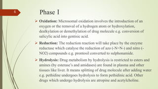 PhaseⅠ
 Oxidation: Microsomal oxidation involves the introduction of an
oxygen or the removal of a hydrogen atom or hydroxylation,
dealkylation or demethylation of drug molecule e.g. conversion of
salicylic acid into gentisic acid.
 Reduction: The reduction reaction will take place by the enzyme
reductase which catalyse the reduction of azo (-N=N-) and nitro (-
NO2) compounds e.g. prontosil converted to sulphonamide.
 Hydrolysis: Drug metabolism by hydrolysis is restricted to esters and
amines (by esterase’s and amidases) are found in plasma and other
tissues like liver. It means splitting of drug molecule after adding water
e.g. pethidine undergoes hydrolysis to form pethidinic acid. Other
drugs which undergo hydrolysis are atropine and acetylcholine.
6
 