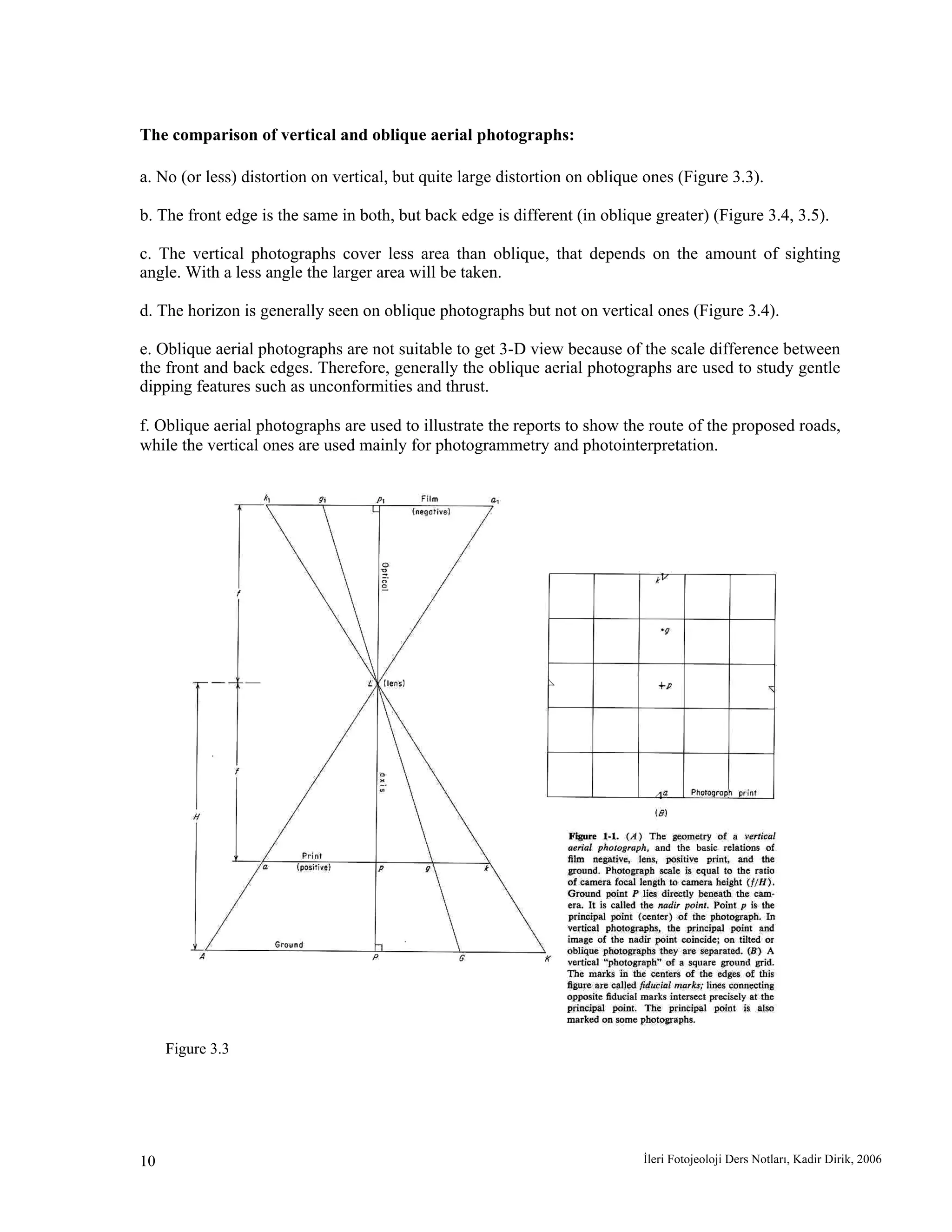 İleri Fotojeoloji Ders Notları, Kadir Dirik, 200610
The comparison of vertical and oblique aerial photographs:
a. No (or less) distortion on vertical, but quite large distortion on oblique ones (Figure 3.3).
b. The front edge is the same in both, but back edge is different (in oblique greater) (Figure 3.4, 3.5).
c. The vertical photographs cover less area than oblique, that depends on the amount of sighting
angle. With a less angle the larger area will be taken.
d. The horizon is generally seen on oblique photographs but not on vertical ones (Figure 3.4).
e. Oblique aerial photographs are not suitable to get 3-D view because of the scale difference between
the front and back edges. Therefore, generally the oblique aerial photographs are used to study gentle
dipping features such as unconformities and thrust.
f. Oblique aerial photographs are used to illustrate the reports to show the route of the proposed roads,
while the vertical ones are used mainly for photogrammetry and photointerpretation.
Figure 3.3
 