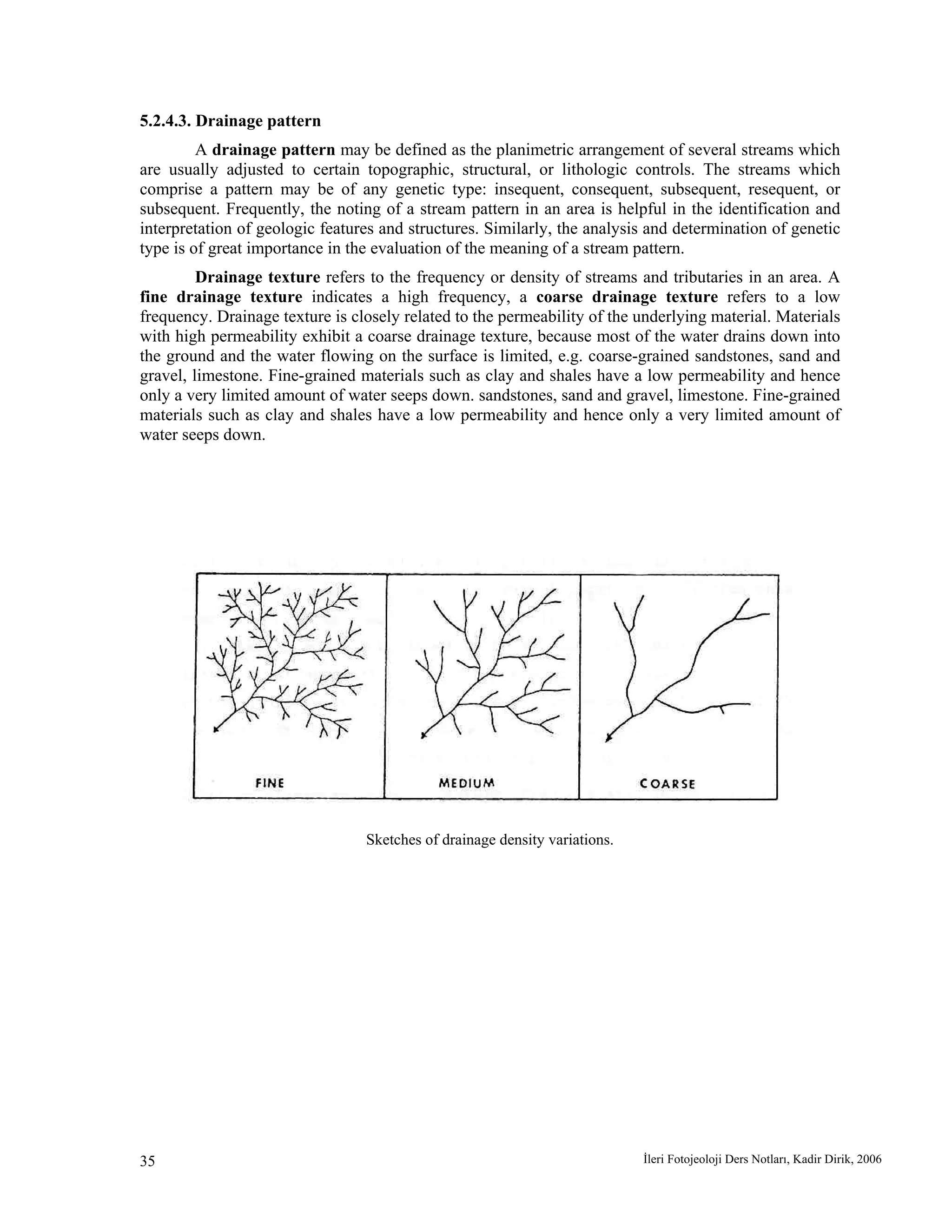 İleri Fotojeoloji Ders Notları, Kadir Dirik, 200635
5.2.4.3. Drainage pattern
A drainage pattern may be defined as the planimetric arrangement of several streams which
are usually adjusted to certain topographic, structural, or lithologic controls. The streams which
comprise a pattern may be of any genetic type: insequent, consequent, subsequent, resequent, or
subsequent. Frequently, the noting of a stream pattern in an area is helpful in the identification and
interpretation of geologic features and structures. Similarly, the analysis and determination of genetic
type is of great importance in the evaluation of the meaning of a stream pattern.
Drainage texture refers to the frequency or density of streams and tributaries in an area. A
fine drainage texture indicates a high frequency, a coarse drainage texture refers to a low
frequency. Drainage texture is closely related to the permeability of the underlying material. Materials
with high permeability exhibit a coarse drainage texture, because most of the water drains down into
the ground and the water flowing on the surface is limited, e.g. coarse-grained sandstones, sand and
gravel, limestone. Fine-grained materials such as clay and shales have a low permeability and hence
only a very limited amount of water seeps down. sandstones, sand and gravel, limestone. Fine-grained
materials such as clay and shales have a low permeability and hence only a very limited amount of
water seeps down.
Sketches of drainage density variations.
 