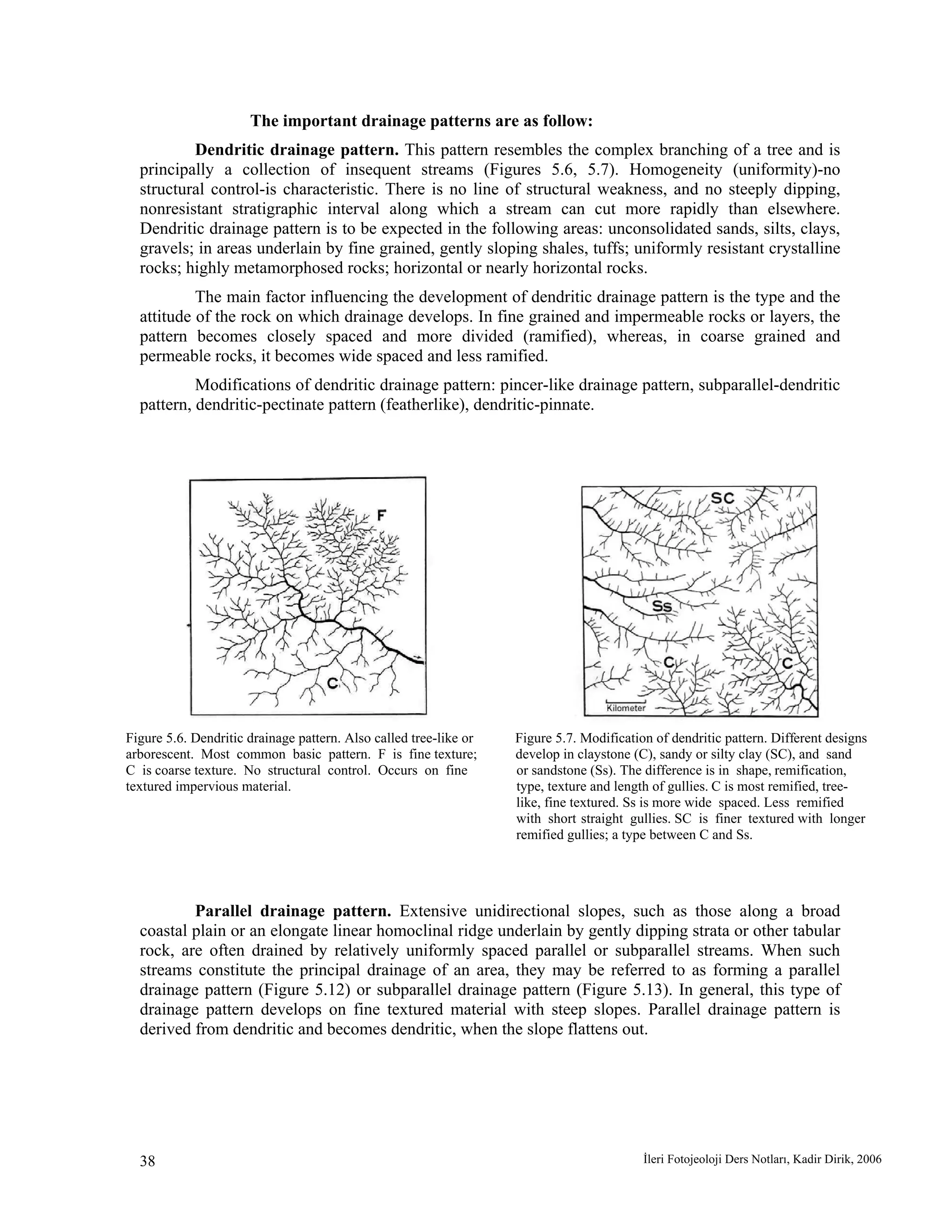 İleri Fotojeoloji Ders Notları, Kadir Dirik, 200638
The important drainage patterns are as follow:
Dendritic drainage pattern. This pattern resembles the complex branching of a tree and is
principally a collection of insequent streams (Figures 5.6, 5.7). Homogeneity (uniformity)-no
structural control-is characteristic. There is no line of structural weakness, and no steeply dipping,
nonresistant stratigraphic interval along which a stream can cut more rapidly than elsewhere.
Dendritic drainage pattern is to be expected in the following areas: unconsolidated sands, silts, clays,
gravels; in areas underlain by fine grained, gently sloping shales, tuffs; uniformly resistant crystalline
rocks; highly metamorphosed rocks; horizontal or nearly horizontal rocks.
The main factor influencing the development of dendritic drainage pattern is the type and the
attitude of the rock on which drainage develops. In fine grained and impermeable rocks or layers, the
pattern becomes closely spaced and more divided (ramified), whereas, in coarse grained and
permeable rocks, it becomes wide spaced and less ramified.
Modifications of dendritic drainage pattern: pincer-like drainage pattern, subparallel-dendritic
pattern, dendritic-pectinate pattern (featherlike), dendritic-pinnate.
Figure 5.6. Dendritic drainage pattern. Also called tree-like or Figure 5.7. Modification of dendritic pattern. Different designs
arborescent. Most common basic pattern. F is fine texture; develop in claystone (C), sandy or silty clay (SC), and sand
C is coarse texture. No structural control. Occurs on fine or sandstone (Ss). The difference is in shape, remification,
textured impervious material. type, texture and length of gullies. C is most remified, tree-
like, fine textured. Ss is more wide spaced. Less remified
with short straight gullies. SC is finer textured with longer
remified gullies; a type between C and Ss.
Parallel drainage pattern. Extensive unidirectional slopes, such as those along a broad
coastal plain or an elongate linear homoclinal ridge underlain by gently dipping strata or other tabular
rock, are often drained by relatively uniformly spaced parallel or subparallel streams. When such
streams constitute the principal drainage of an area, they may be referred to as forming a parallel
drainage pattern (Figure 5.12) or subparallel drainage pattern (Figure 5.13). In general, this type of
drainage pattern develops on fine textured material with steep slopes. Parallel drainage pattern is
derived from dendritic and becomes dendritic, when the slope flattens out.
 