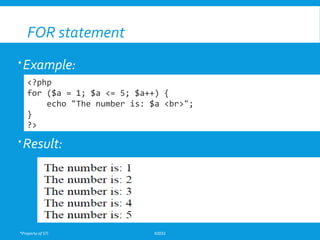*Property of STI K0032
FOR statement
Example:
Result:
<?php
for ($a = 1; $a <= 5; $a++) {
echo "The number is: $a <br>";
}
?>
 