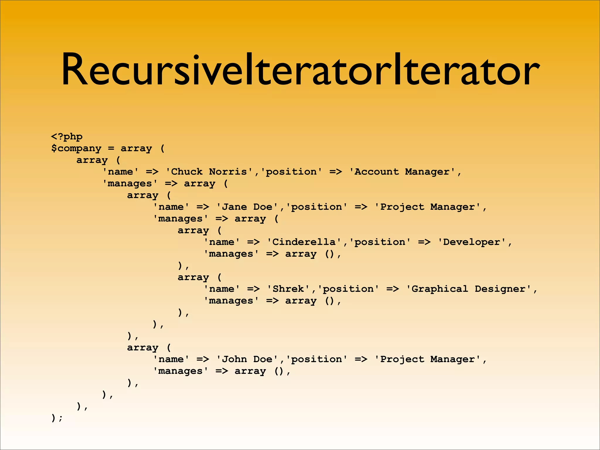 RecursiveIteratorIterator
<?php
$company = array (
    array (
        'name' => 'Chuck Norris','position' => 'Account Manager',
        'manages' => array (
            array (
                'name' => 'Jane Doe','position' => 'Project Manager',
                'manages' => array (
                    array (
                        'name' => 'Cinderella','position' => 'Developer',
                        'manages' => array (),
                    ),
                    array (
                        'name' => 'Shrek','position' => 'Graphical Designer',
                        'manages' => array (),
                    ),
                ),
            ),
            array (
                'name' => 'John Doe','position' => 'Project Manager',
                'manages' => array (),
            ),
        ),
    ),
);
 