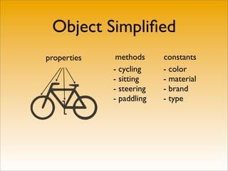 Object Simpliﬁed
properties    methods     constants
             - cycling    - color
             - sitting    - material
             - steering   - brand
             - paddling   - type
 