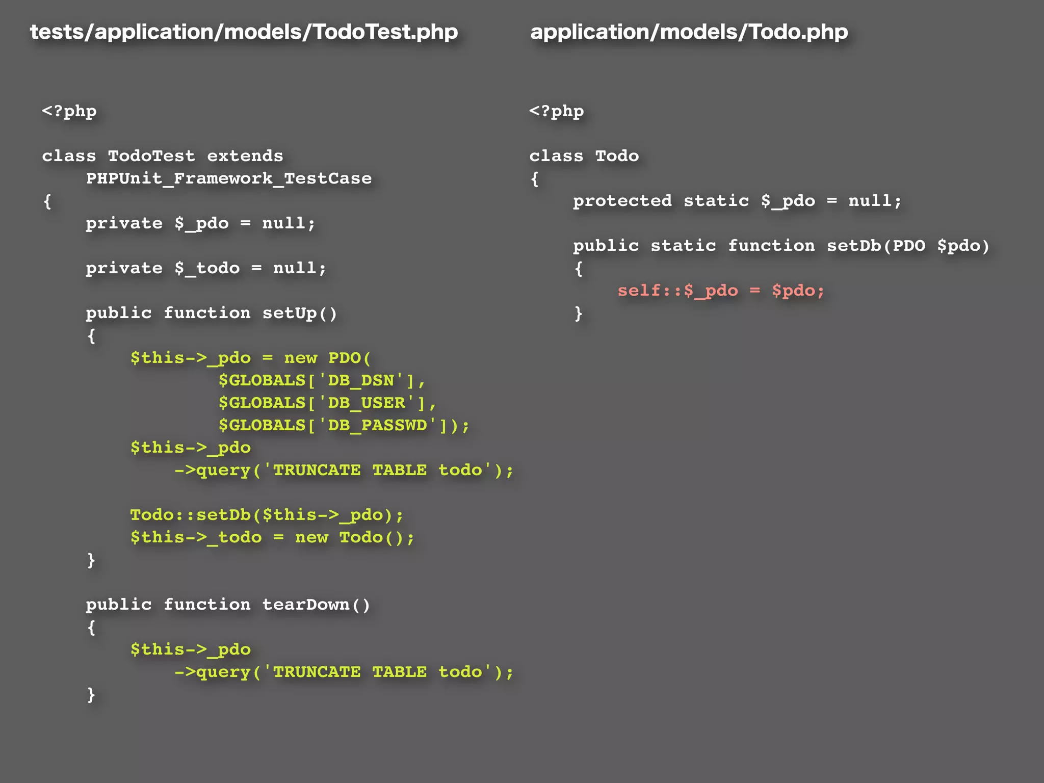 <?php                                         <?php

class TodoTest extends                        class Todo
    PHPUnit_Framework_TestCase                {
{                                                 protected static $_pdo = null;
    private $_pdo = null;                         
                                                  public static function setDb(PDO $pdo)
    private $_todo = null;                        {
                                                      self::$_pdo = $pdo;
    public function setUp()                       }
    {
        $this->_pdo = new PDO(
                $GLOBALS['DB_DSN'],
                $GLOBALS['DB_USER'],
                $GLOBALS['DB_PASSWD']);
        $this->_pdo
            ->query('TRUNCATE TABLE todo');

        Todo::setDb($this->_pdo);
        $this->_todo = new Todo();
    }

    public function tearDown()
    {
        $this->_pdo
            ->query('TRUNCATE TABLE todo');
    }
 
