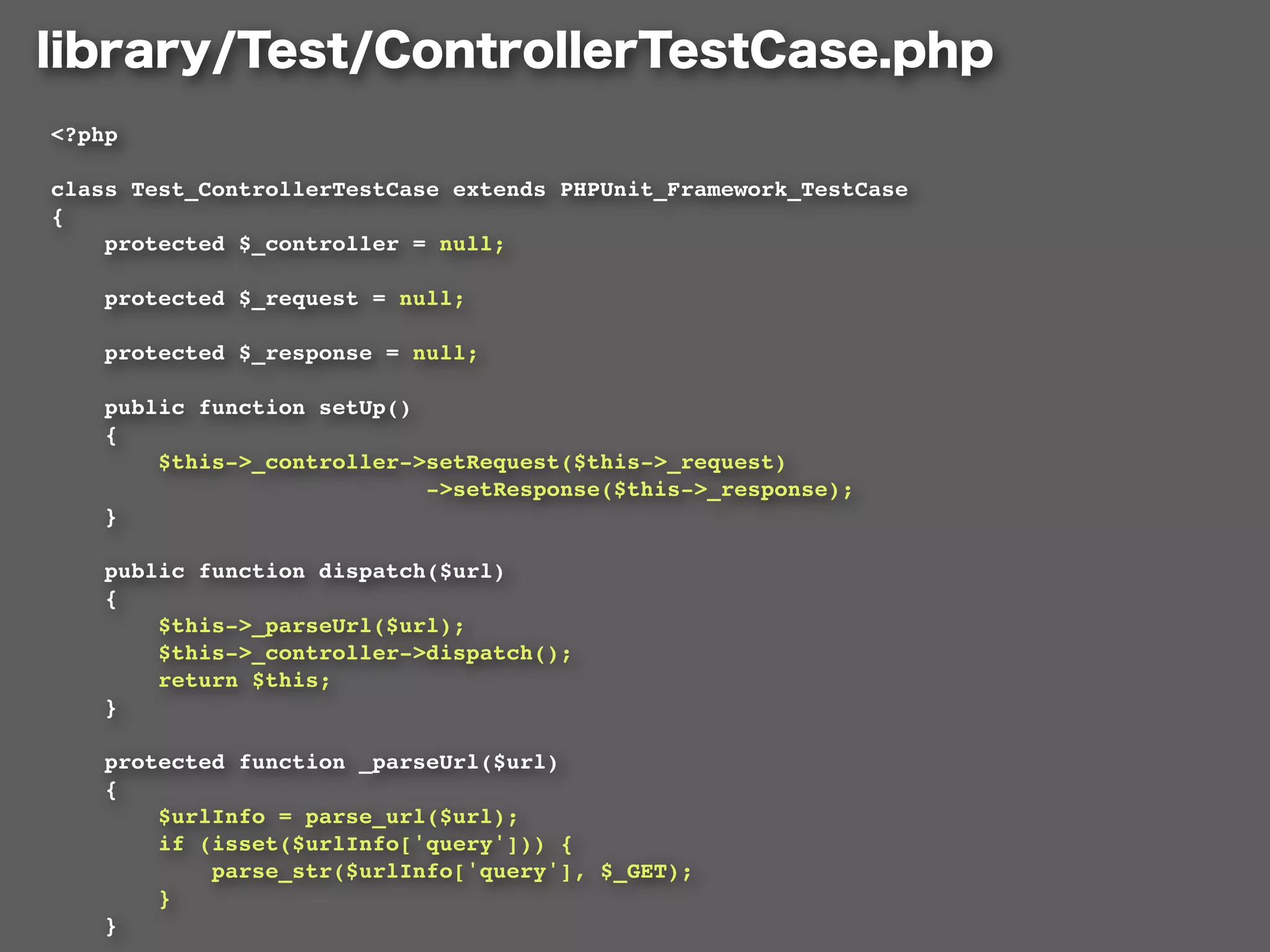 <?php

class Test_ControllerTestCase extends PHPUnit_Framework_TestCase
{
    protected $_controller = null;

    protected $_request = null;

    protected $_response = null;

    public function setUp()
    {
        $this->_controller->setRequest($this->_request)
                            ->setResponse($this->_response);
    }

    public function dispatch($url)
    {
        $this->_parseUrl($url);
        $this->_controller->dispatch();
        return $this;
    }

    protected function _parseUrl($url)
    {
        $urlInfo = parse_url($url);
        if (isset($urlInfo['query'])) {
            parse_str($urlInfo['query'], $_GET);
        }
    }
 