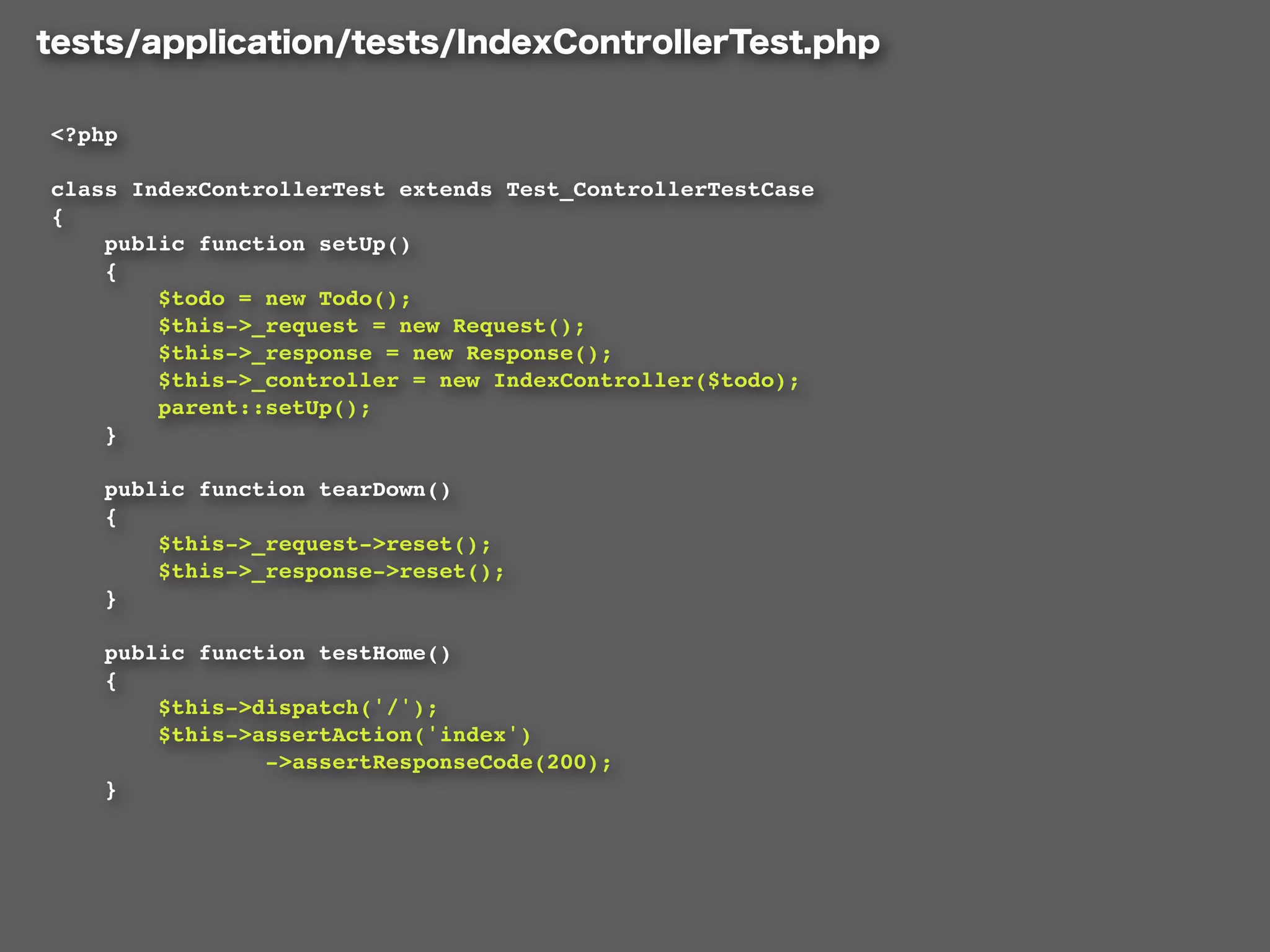 <?php

class IndexControllerTest extends Test_ControllerTestCase
{
    public function setUp()
    {
        $todo = new Todo();
        $this->_request = new Request();
        $this->_response = new Response();
        $this->_controller = new IndexController($todo);
        parent::setUp();
    }

    public function tearDown()
    {
        $this->_request->reset();
        $this->_response->reset();
    }

    public function testHome()
    {
        $this->dispatch('/');
        $this->assertAction('index')
                ->assertResponseCode(200);
    }
 