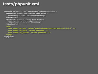 <phpunit colors="true" bootstrap="./bootstrap.php">
  <testsuite name="Application Test Suite">
    <directory>./application</directory>
  </testsuite>
  <testsuite name="Library Test Suite">
    <directory>./library</directory>
  </testsuite>
  <php>
    <var name="DB_DSN" value="mysql:dbname=testing;host=127.0.0.1" />
    <var name="DB_USER" value="username" />
    <var name="DB_PASSWD" value="password" />
  </php>
</phpunit>
 