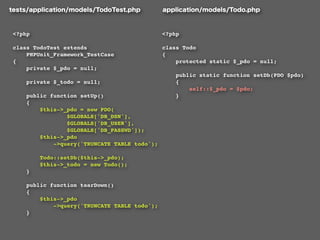 <?php                                         <?php

class TodoTest extends                        class Todo
    PHPUnit_Framework_TestCase                {
{                                                 protected static $_pdo = null;
    private $_pdo = null;                         
                                                  public static function setDb(PDO $pdo)
    private $_todo = null;                        {
                                                      self::$_pdo = $pdo;
    public function setUp()                       }
    {
        $this->_pdo = new PDO(
                $GLOBALS['DB_DSN'],
                $GLOBALS['DB_USER'],
                $GLOBALS['DB_PASSWD']);
        $this->_pdo
            ->query('TRUNCATE TABLE todo');

        Todo::setDb($this->_pdo);
        $this->_todo = new Todo();
    }

    public function tearDown()
    {
        $this->_pdo
            ->query('TRUNCATE TABLE todo');
    }
 