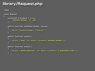 <?php

class Request
{
    protected $_headers = array(
        'REQUEST_METHOD' => 'GET',
    );

    public function setHeader($name, $value)
    {
        $this->_headers[$name] = $value;
    }

    public function isPost()
    {
        return ('POST' === $this->_headers['REQUEST_METHOD']);
    }

    public function isAjax()
    {
        return ('XMLHttpRequest' === $this->_headers['X_REQUESTED_WITH']);
    }
 