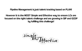 Pipeline Management is just talent tracking based on PLAN!
However it is the MOST Simple and Effective way to ensure LCs are
focused on the right talent challenge and are growing in GIP and GCDP
by fulfilling this challenge!
 
