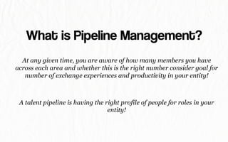 What is Pipeline Management?
At any given time, you are aware of how many members you have
across each area and whether this is the right number consider goal for
number of exchange experiences and productivity in your entity!
A talent pipeline is having the right profile of people for roles in your
entity!
 