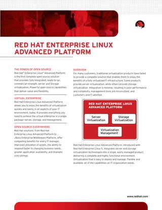 Red Hat enteRpRise Linux
advanced pLatfoRm

The power of open source                             oVerView
Red Hat® Enterprise Linux® Advanced Platform         For many customers, traditional virtualization products have failed
is the first complete open source solution           to provide a complete solution that enables them to enjoy the
that provides fully integrated, ready-to-go,         benefits of a fully virtualized IT infrastructure. Some products
commercial-strength, server and storage              provide server virtualization, while others provide storage
virtualization. Powerful open source capabilities    virtualization. Integration is minimal, resulting in poor performance
that deliver value and flexibility.                  and complexity, management tools are inconsistent, and
                                                     customers aren’t satisfied.
VirTual enTerprise
Red Hat Enterprise Linux Advanced Platform
                                                                   RED HAT ENTERPRISE LINUX
allows you to enjoy the benefits of virtualization
                                                                   ADVANCED PLATFORM
quickly and easily, in all aspects of your IT
environment, today. It provides everything you
need to achieve the virtual enterprise in a single                   Server                   Storage
                                                                 Virtualization            Virtualization
package—server, storage, and management.


open source eVerywhere
                                                                              Virtualization
Red Hat solutions, from Red Hat
                                                                              Management
Enterprise Linux Advanced Platform to
JBoss Enterprise Middleware Platform, offer
compelling benefits for every IT manager.
Improved utilization of assets, the ability to       Red Hat Enterprise Linux Advanced Platform, introduced with
respond faster to changing business needs,           Red Hat Enterprise Linux 5, integrates server and storage
greater application availability, and dramatic       virtualization technologies into a single, easily managed product,
cost savings.                                        delivering a complete and highly functional environment.
                                                     Virtualization that is easy to deploy and manage. Flexible and
                                                     available, all of the capabilities an IT organization needs.




                                                                                                       www.redhat.com
 