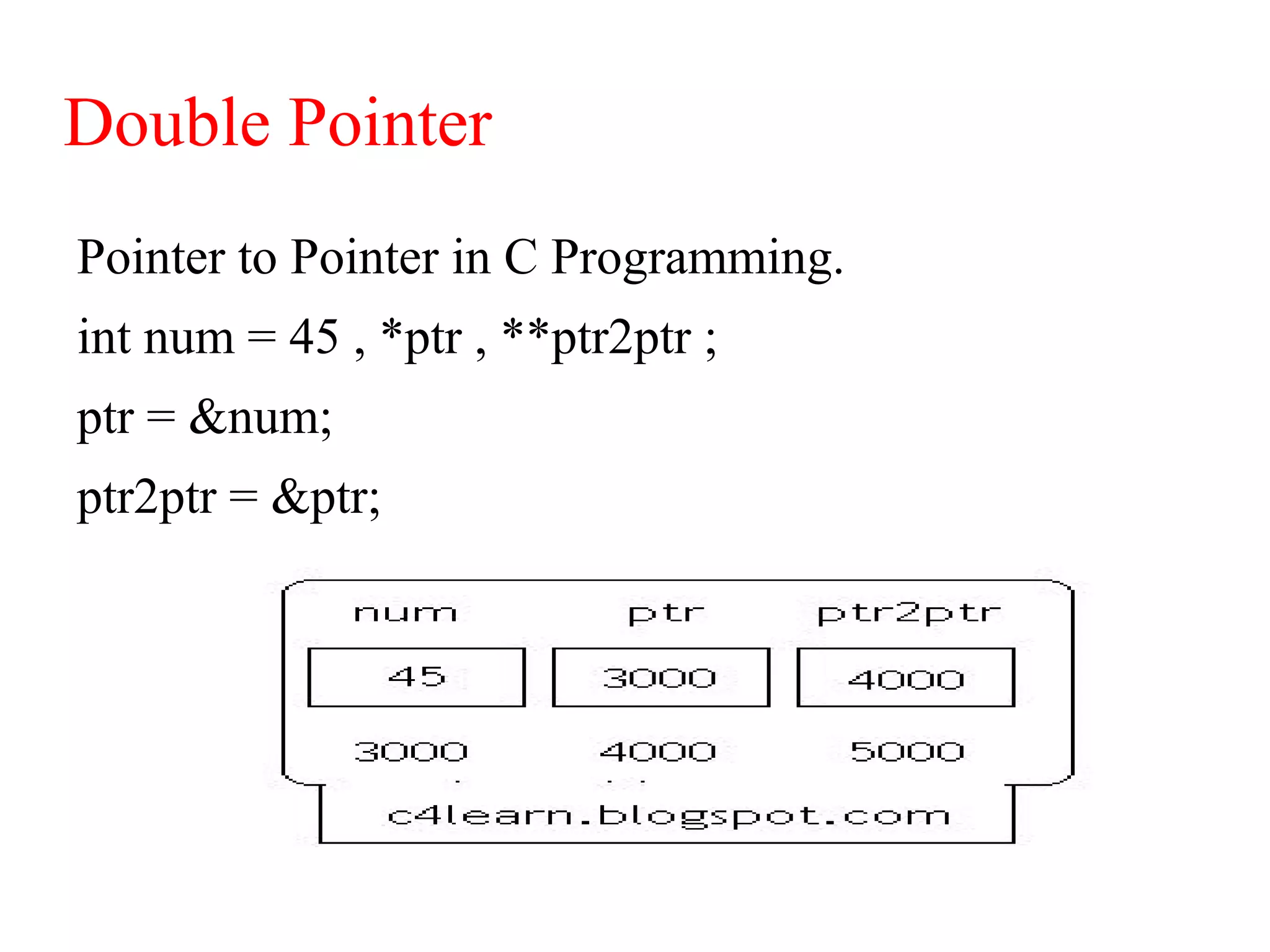 Double Pointer
Pointer to Pointer in C Programming.
int num = 45 , *ptr , **ptr2ptr ;
ptr = &num;
ptr2ptr = &ptr;
 