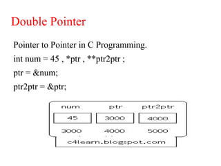 Double Pointer
Pointer to Pointer in C Programming.
int num = 45 , *ptr , **ptr2ptr ;
ptr = &num;
ptr2ptr = &ptr;
 
