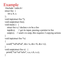 Example
#include <stdio.h>
struct foo {
int a, b, c;
};
void inp(struct foo *);
void outp(struct foo);
void main( ) {
struct foo x;// declare x to be a foo
inp(&x); // get its input, passing a pointer to foo
outp(x); // send x to outp, this requires 2 copying actions
}
void inp(struct foo *x)
{
scanf("%d%d%d", &x->a, &x->b, &x->c);
}
void outp(struct foo x) {
printf("%d %d %dn", x.a, x.b, x.c);
}
 