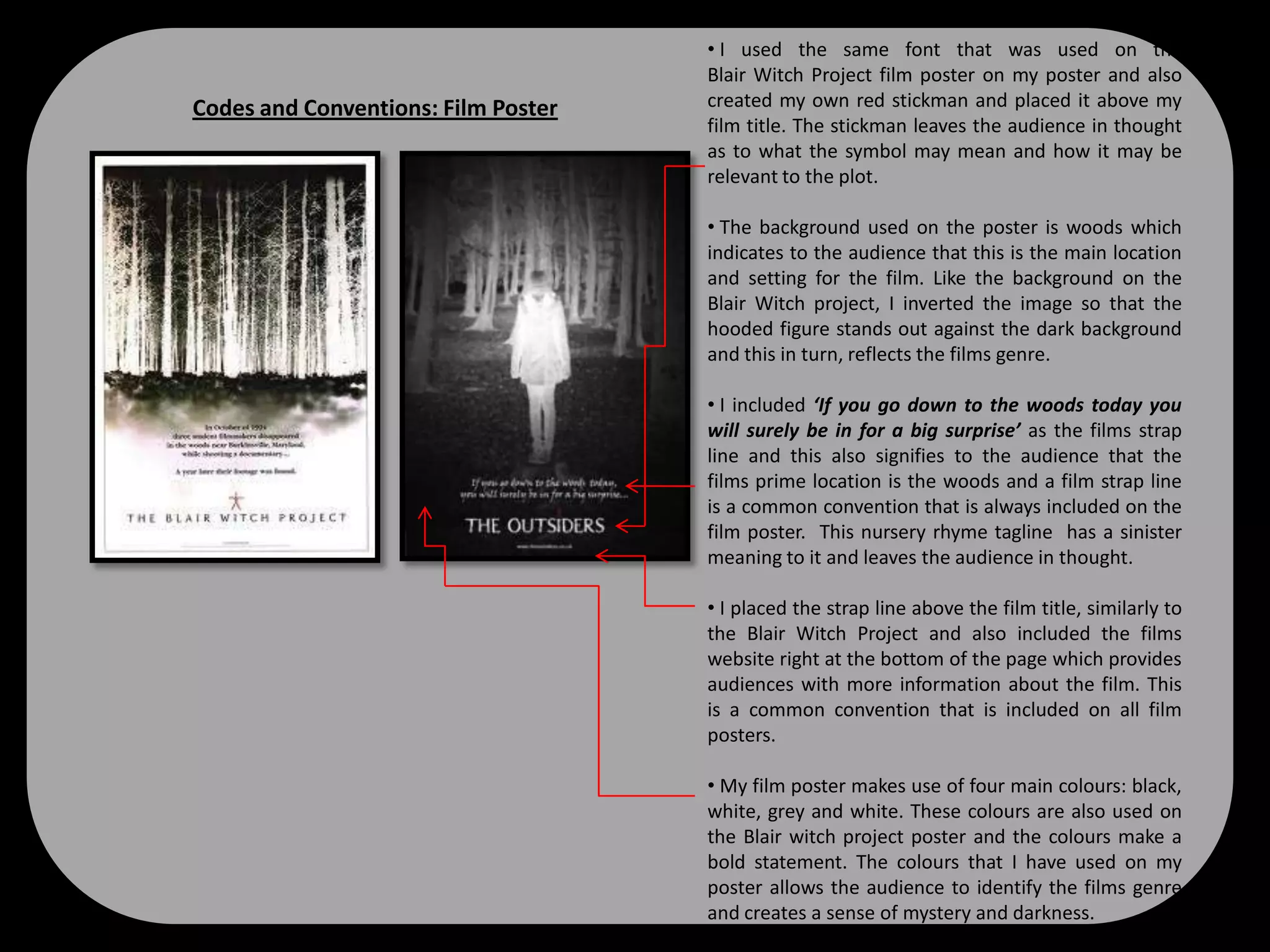 In what ways does your media product use, develop or challenge forms and conventions of real media products? Codes and Conventions: Film trailerWithin my film trailer, i used a variety of different camera angles and shots but primarily focused on using close-ups and panning of the camera. The main purpose of the close-ups and extreme close-ups were to engage the audience within the fast paced action and for the audience to identify the characters expressions and emotions. The duration of the trailer was just over a minute which gave the audience enough time to gain a brief insight into the storyline without giving too much away. This is the average duration for a teaser trailer. 