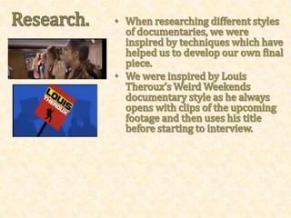Main Task and Ancillary Texts.Television Advertisement:Our supporting piece, being a television advertisement would be extremely useful for attracting our target audience before its release.The 30 second ad is extremely fast paced, using a montage of pictures and footage of tattooing and interviews from our documentary.  We used a fast paced drum and bass song to encourage our young target audience (aimed from around 14-25), and kept the pictures and clips in time to this music.We intended for our supporting advertisement to not give too much away regarding the content of our documentary but nevertheless to encourage our viewers and to remind them of its release.Our advertisement has certainly enhanced the meaning and the intended message of our documentary as it is promoting the beauty of tattoos using tasteful photographs and positive interviews.  