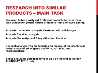 RESEARCH INTO SIMILAR
PRODUCTS – MAIN TASK
You need to have analysed 3 relevant products for your main
task production (music videos or trailers from a relevant genre).
Analysis 1 – detailed analysis illustrated with still images.
Analysis 2 – video analysis.
Analysis 3 – analysis of 7 key stills from the video.
For each analysis you are focusing on the use of the 4 technical
areas, conventions of genre and form, narrative, and
representation.
These should be uploaded to your blog by the end of the day
THURSDAY 11th of July.
 