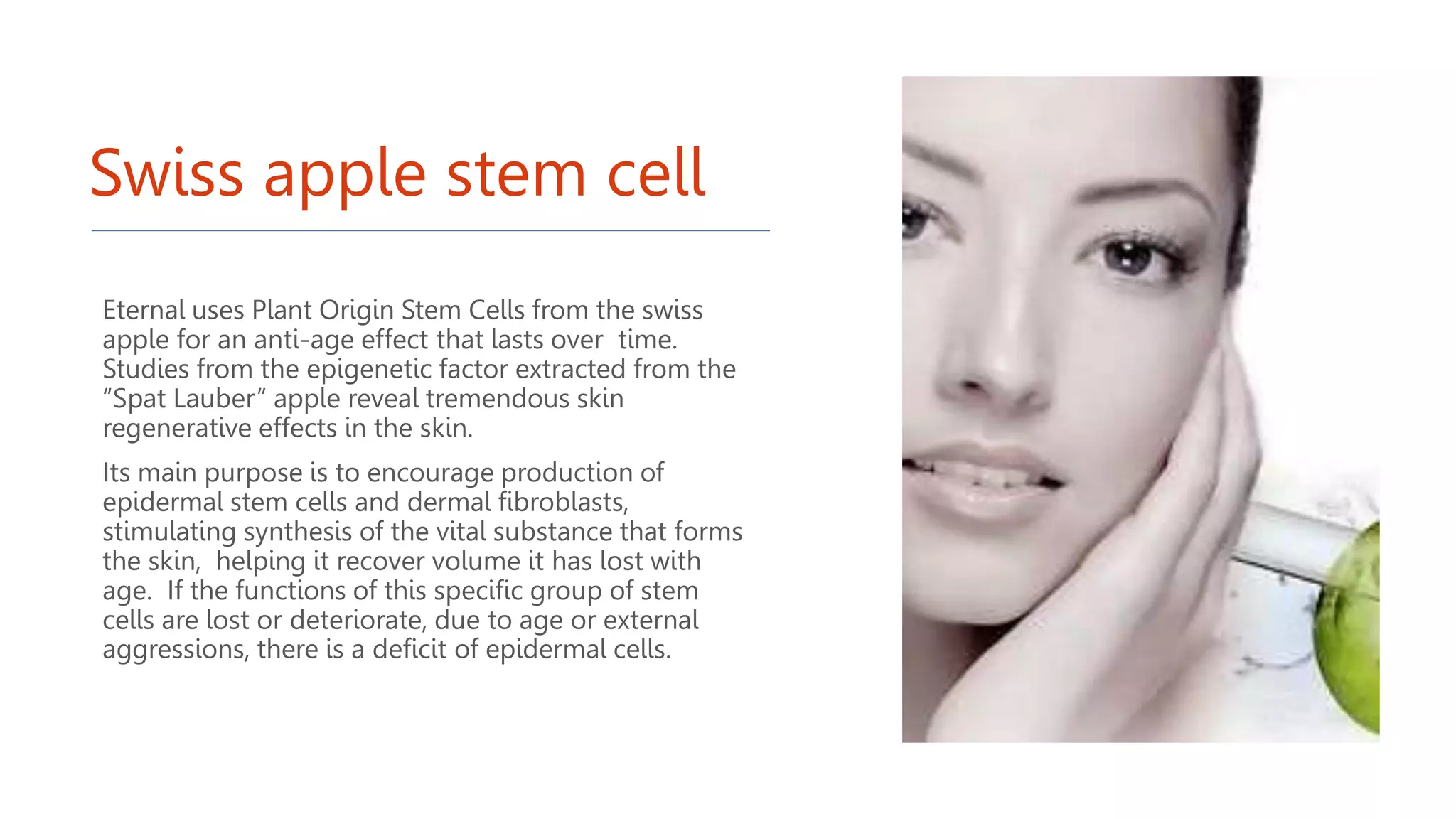 Swiss apple stem cell
Eternal uses Plant Origin Stem Cells from the swiss
apple for an anti-age effect that lasts over time.
Studies from the epigenetic factor extracted from the
“Spat Lauber” apple reveal tremendous skin
regenerative effects in the skin.
Its main purpose is to encourage production of
epidermal stem cells and dermal fibroblasts,
stimulating synthesis of the vital substance that forms
the skin, helping it recover volume it has lost with
age. If the functions of this specific group of stem
cells are lost or deteriorate, due to age or external
aggressions, there is a deficit of epidermal cells.
 